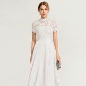 NWT JJ's House Ivory A-Line High Neck Floor-Length Chiffon Lace Evening Dress